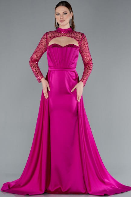 Fuchsia Long Sleeve Bustier Detailed Sequin Train Satin Evening Gown ABU4765