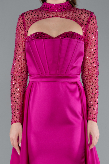 Fuchsia Long Sleeve Bustier Detailed Sequin Train Satin Evening Gown ABU4765