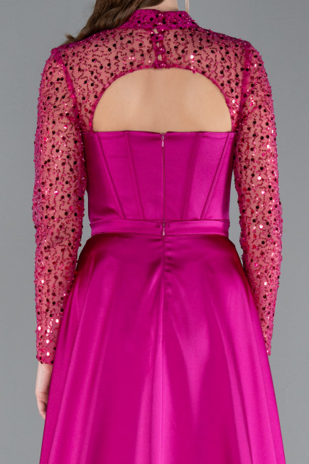Fuchsia Long Sleeve Bustier Detailed Sequin Train Satin Evening Gown ABU4765