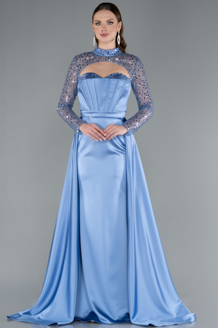 Indigo Long Sleeve Bustier Detailed Sequin Train Satin Evening Gown ABU4765