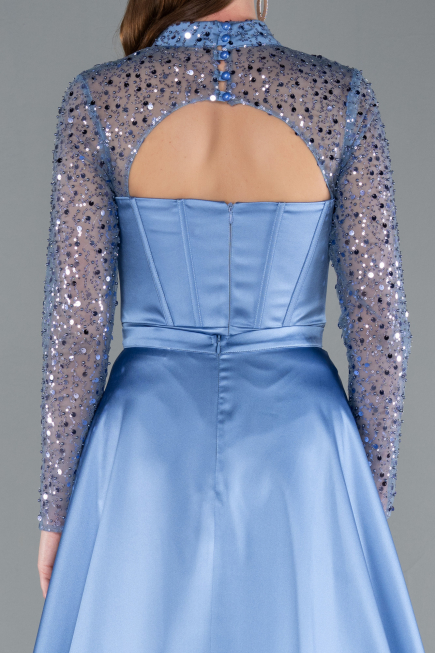 Indigo Long Sleeve Bustier Detailed Sequin Train Satin Evening Gown ABU4765