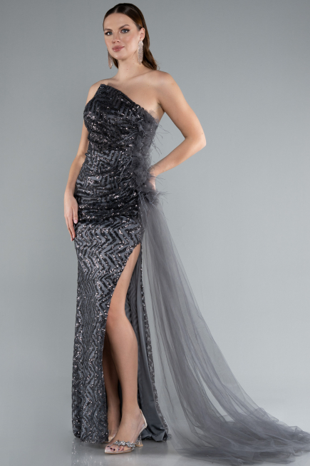 Anthracite Strapless Slit Long Train Sequin Mermaid Evening Gown ABU4772