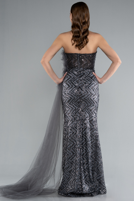 Anthracite Strapless Slit Long Train Sequin Mermaid Evening Gown ABU4772