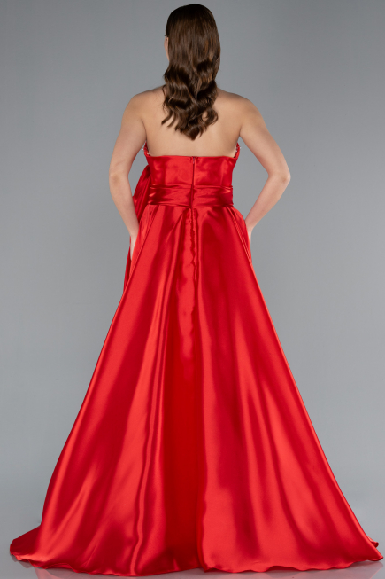 Red Strapless High Slit Long Satin Graduation Prom Dress ABU4774