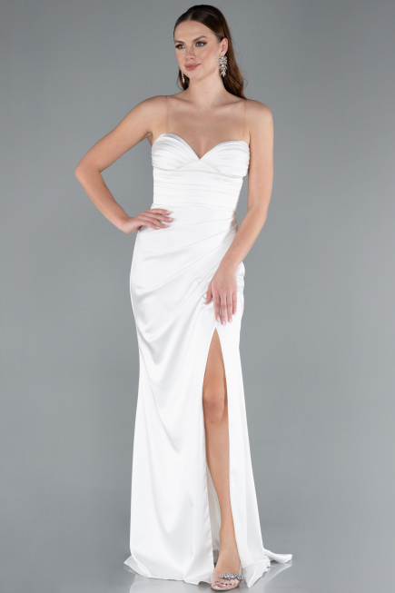 White Long Satin Prom Gown ABU4663