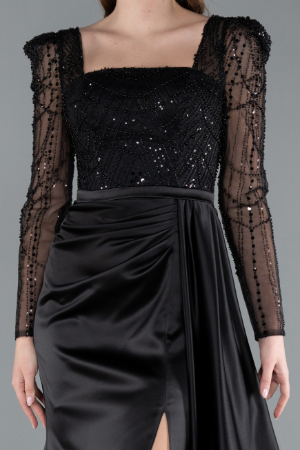 Black Beaded Long Sleeve Slit Satin Evening Gown ABU4781