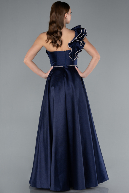 Navy Blue One Shoulder High Slit Long Taffeta Prom Evening Dress ABU4782