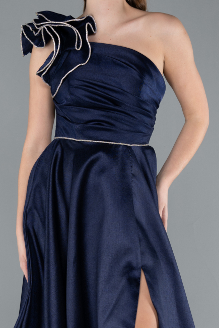Navy Blue One Shoulder High Slit Long Taffeta Prom Evening Dress ABU4782