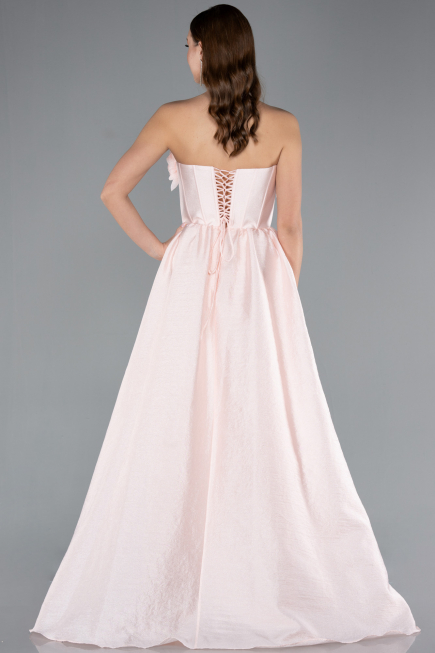 Powder Color Floral Strapless Collar Slit Long Prom Gown ABU4337