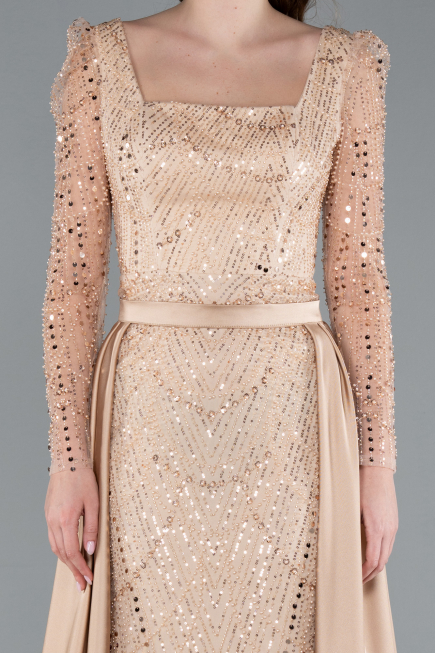 Gold Long Sleeve Stone Embellished Satin Train Evening Dress ABU4603
