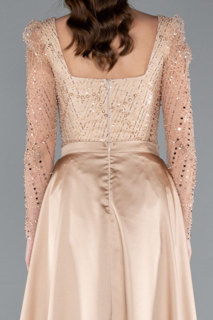 Gold Long Sleeve Stone Embellished Satin Train Evening Dress ABU4603