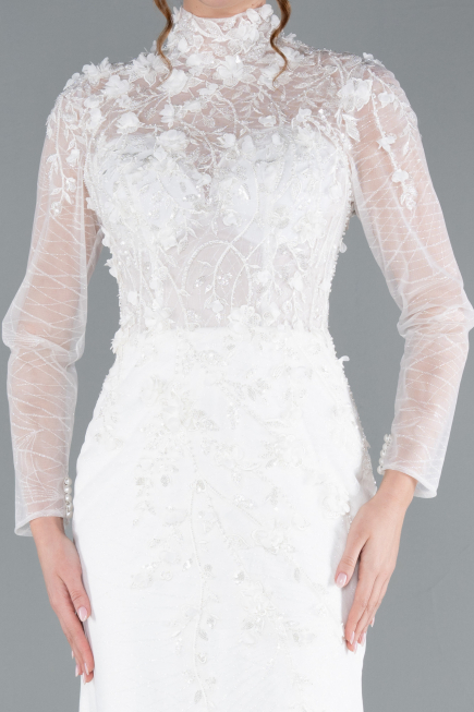 White Long Sleeve Guipure Silvery Tail Wedding Dress ABG115