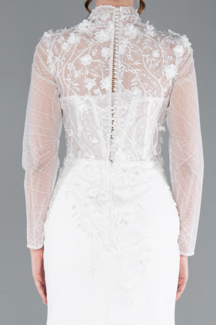 White Long Sleeve Guipure Silvery Tail Wedding Dress ABG115