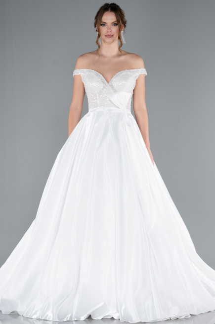 White Pearled Boat Neck Long Satin Wedding Dress ABG091
