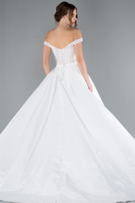 White Pearled Boat Neck Long Satin Wedding Dress ABG091