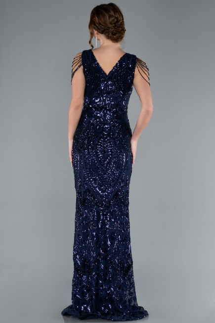 Navy Blue Long Scaly Mermaid Evening Dress ABU3842