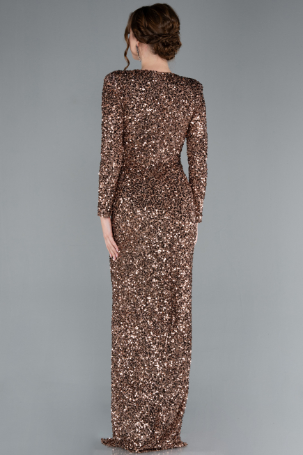 Copper Long Sleeve V Neck Scaly Evening Gown ABU4763