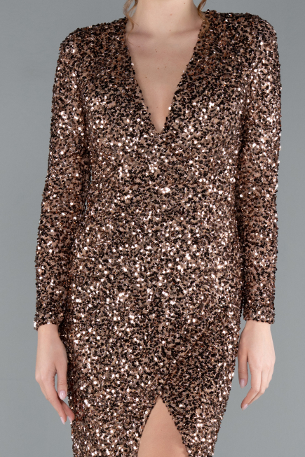 Copper Long Sleeve V Neck Scaly Evening Gown ABU4763