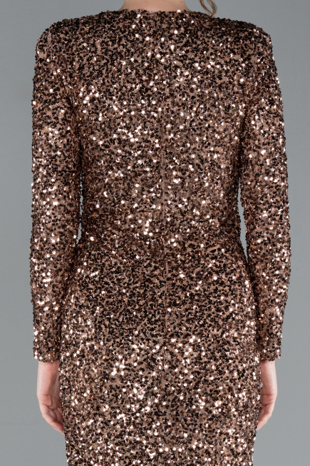 Copper Long Sleeve V Neck Scaly Evening Gown ABU4763
