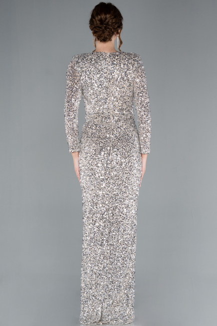 Beige Long Sleeve V Neck Scaly Evening Gown ABU4763