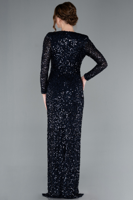 Navy Blue Long Sleeve V Neck Scaly Evening Gown ABU4763