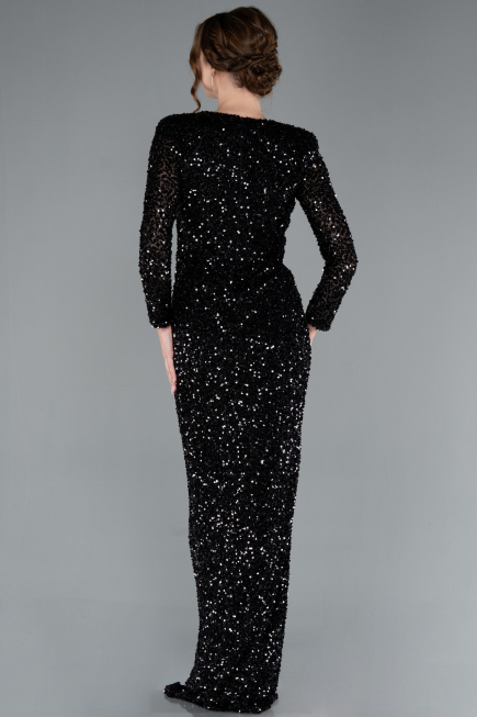 Black Long Sleeve V Neck Scaly Evening Gown ABU4763