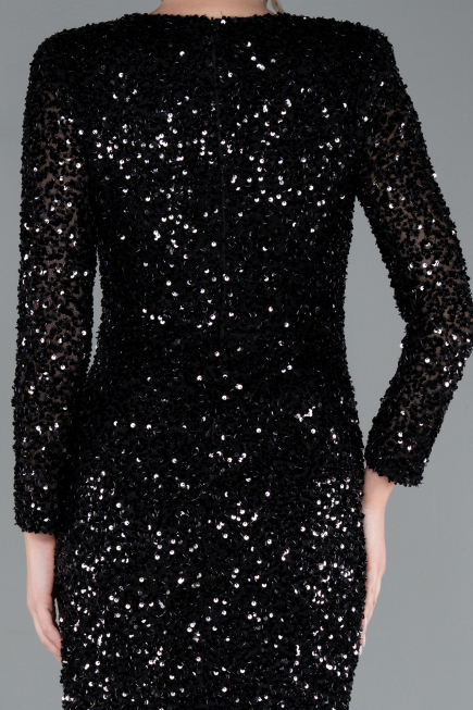 Black Long Sleeve V Neck Scaly Evening Gown ABU4763
