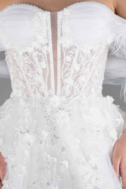 White Boat Neck Floral Embroidered Princess Wedding Dress ABG101