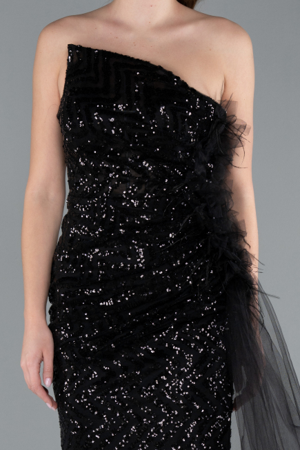 Black Strapless Slit Long Train Sequin Mermaid Evening Gown ABU4772