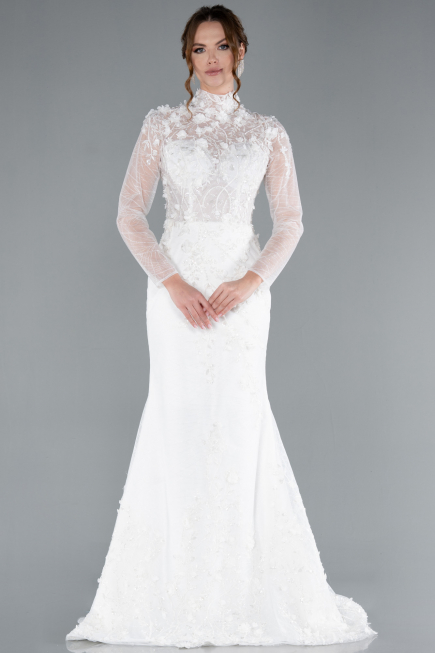 White Long Sleeve Guipure Silvery Tail Wedding Dress ABG115