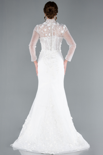 White Long Sleeve Guipure Silvery Tail Wedding Dress ABG115