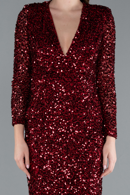 Burgundy Long Sleeve V Neck Scaly Evening Gown ABU4763