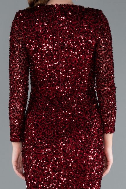 Burgundy Long Sleeve V Neck Scaly Evening Gown ABU4763