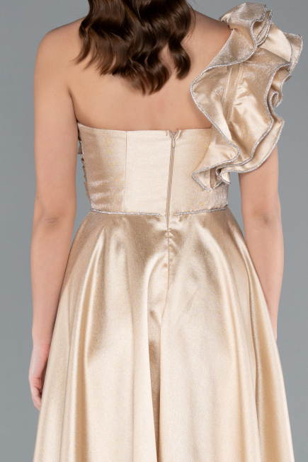 Beige One Shoulder High Slit Long Taffeta Prom Evening Dress ABU4782
