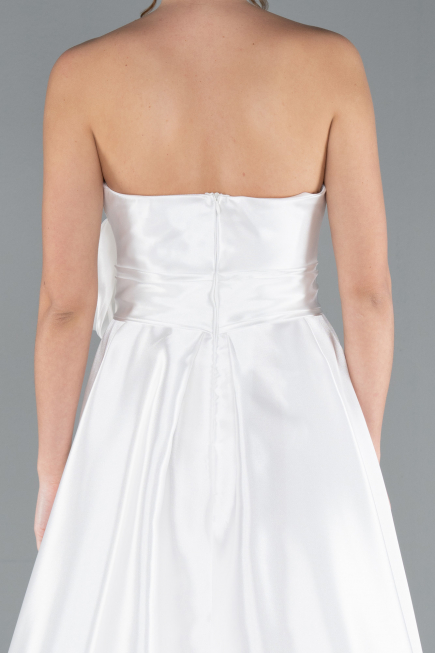 White Strapless High Slit Long Satin Graduation Prom Dress ABU4774