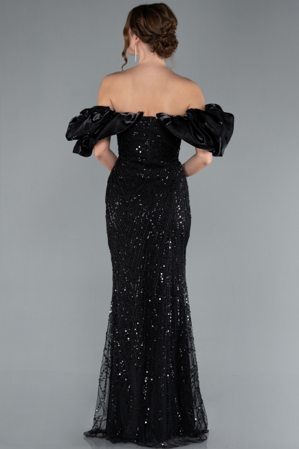 Black Stoned Strapless Sleeve Accessories Long Mermaid Evening Gown ABU4509