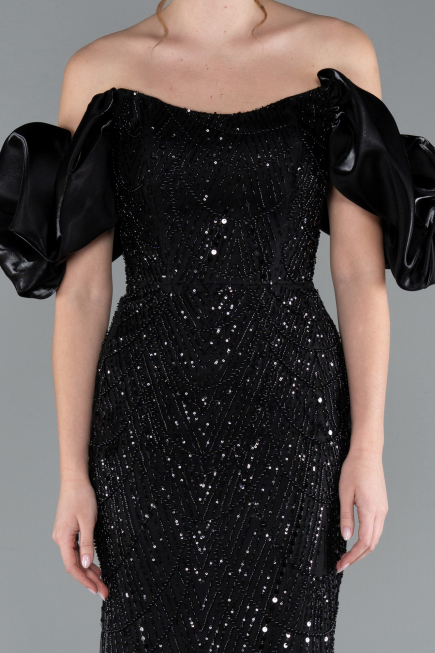 Black Stoned Strapless Sleeve Accessories Long Mermaid Evening Gown ABU4509