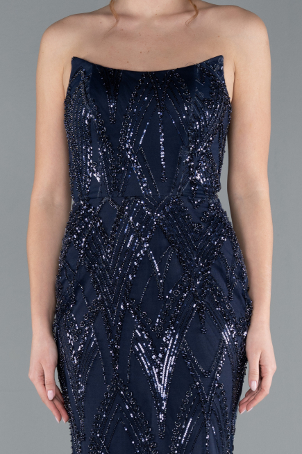 Navy Blue Strapless Beaded Long Evening Gown ABU4775