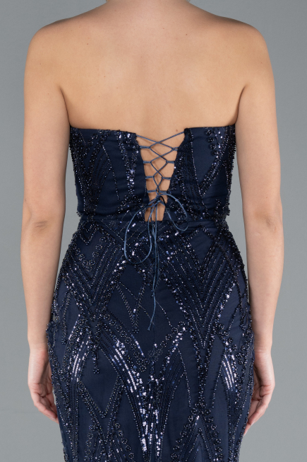 Navy Blue Strapless Beaded Long Evening Gown ABU4775