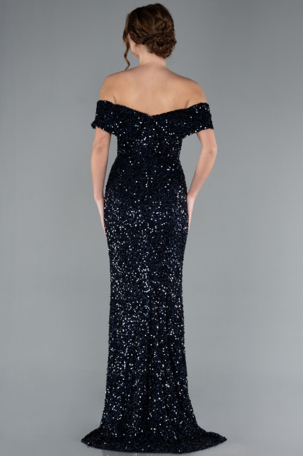 Navy Blue Off The Shoulder Long Sequin Mermaid Prom Dress ABU4778
