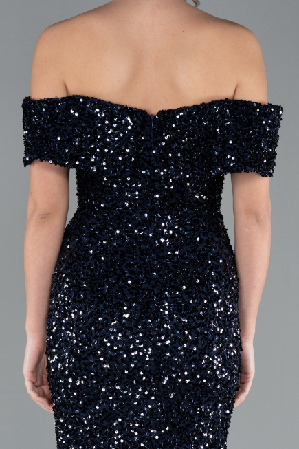 Navy Blue Off The Shoulder Long Sequin Mermaid Prom Dress ABU4778
