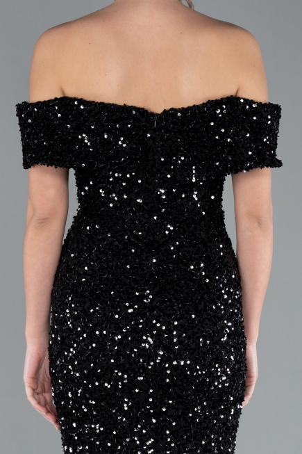 Black Off The Shoulder Long Sequin Mermaid Prom Dress ABU4778
