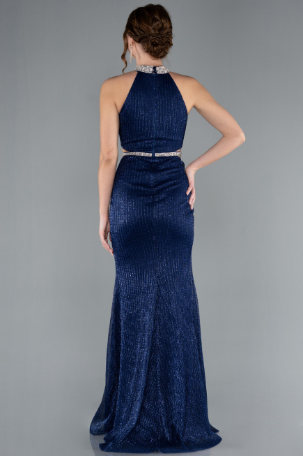 Navy Blue Halter Neck Slit Long Glitter Mermaid Evening Gown ABU4766