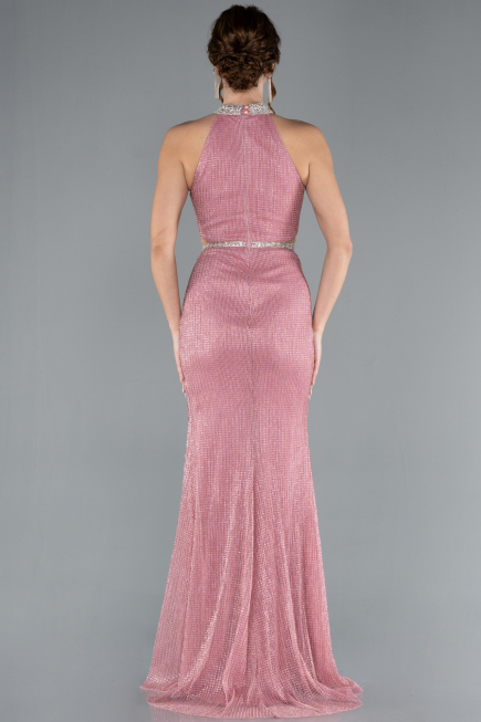 Pink Halter Neck Slit Long Glitter Mermaid Evening Gown ABU4766