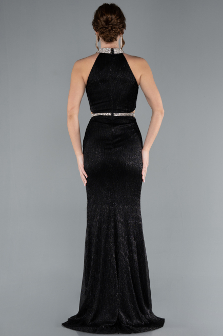 Black Halter Neck Slit Long Glitter Mermaid Evening Gown ABU4766