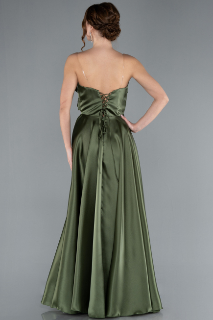 Olive Drab Strapless Slit Long Satin Prom Dress ABU4680