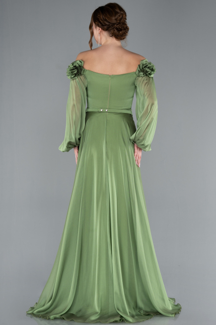 Olive Drab Floral Boat Neck Long Sleeve Chiffon Prom Gown ABU4130