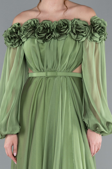 Olive Drab Floral Boat Neck Long Sleeve Chiffon Prom Gown ABU4130