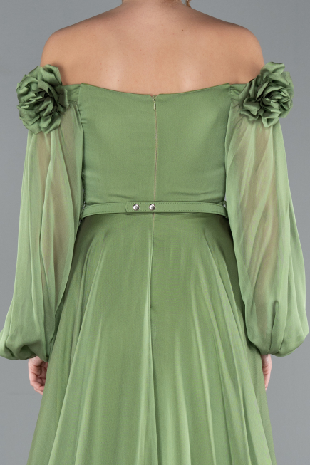 Olive Drab Floral Boat Neck Long Sleeve Chiffon Prom Gown ABU4130