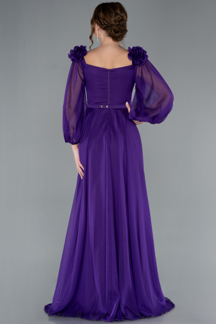 Purple Floral Boat Neck Long Sleeve Chiffon Prom Gown ABU4130